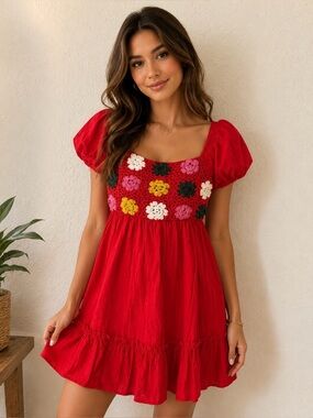 Umgee Red Mini Dress with Crochet Floral Bodice